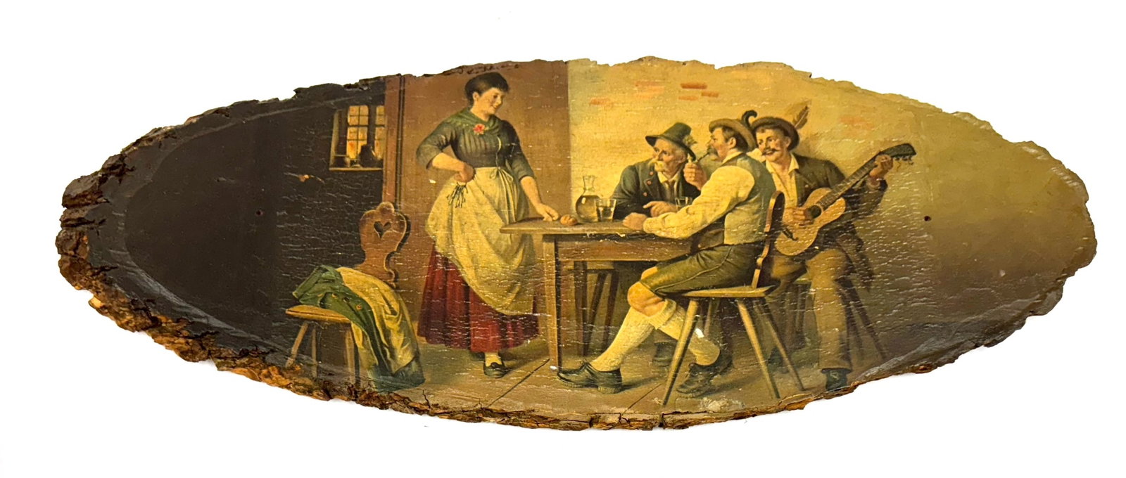Rudolf Epp Bavarian Scene Print on Bark Edge Slab: Rudolf Epp Bavarian Scene Print on Bark Edge Slab.? Bavarian Folk Musician Scene does have some slight cracking but otherwise displays nicely, wood is free of cracks and damage.? Measures 24in x 9in