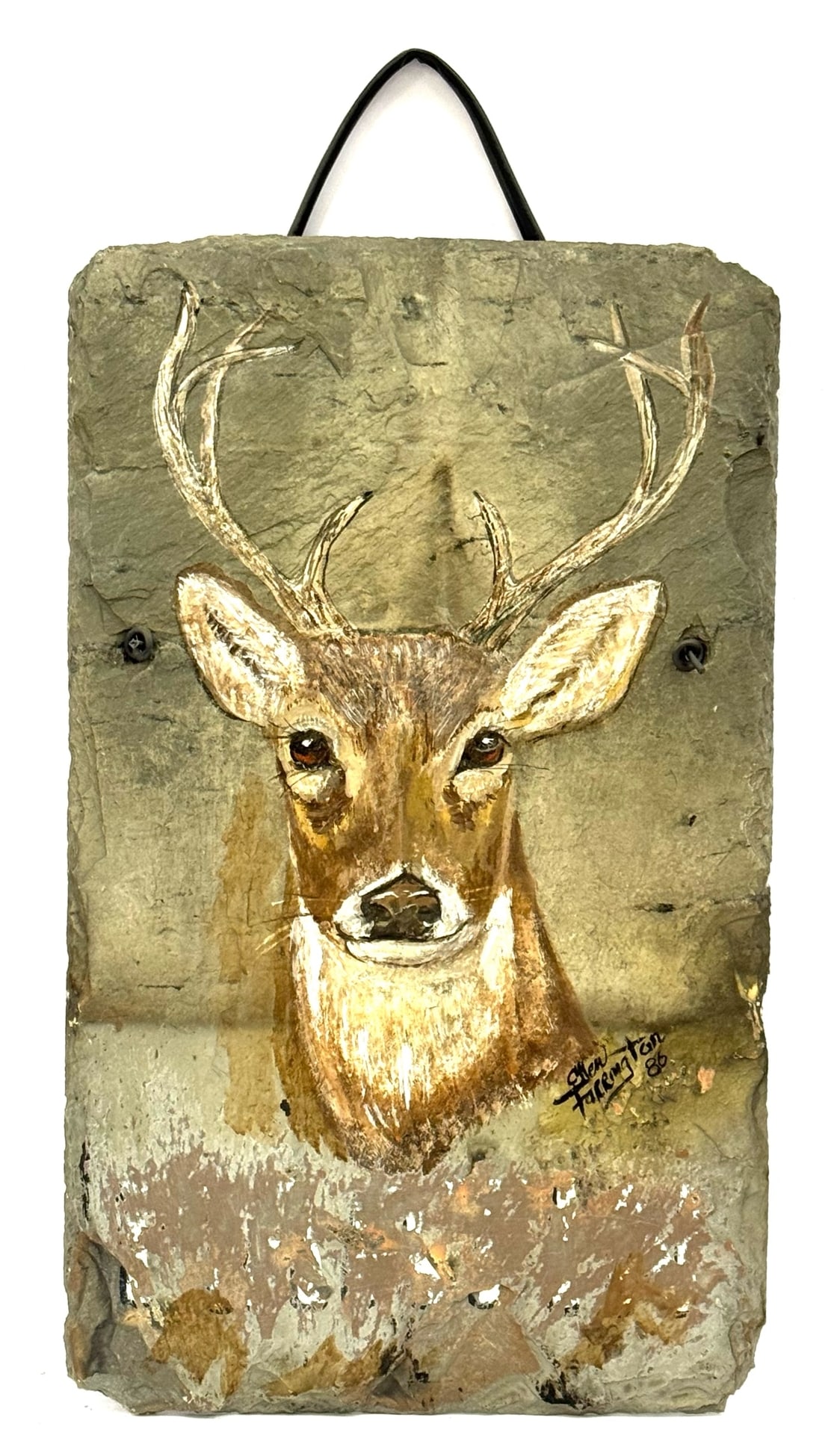 Ellen Farrington Deer Head Painted Slate Hanging: Ellen Farrington Deer Head Painted Slate Hanging (1986) This unique painting on slate is in good condition and displays nicely.? Slate measures 12in x 20in.? From Wind Whispers Studios in Intervale, N