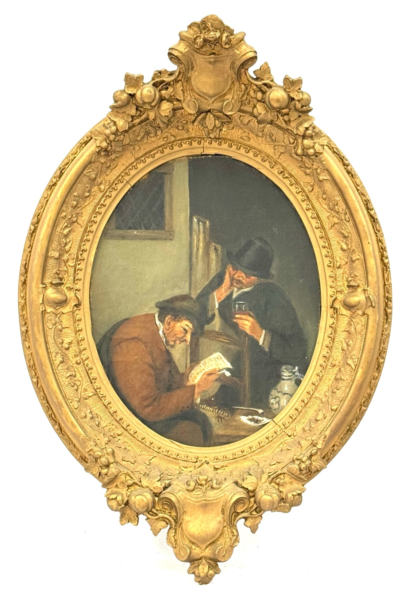 Adriaen van Ostade "Two Peasants at a Table" Print on Canvas: Adriaen van Ostade "Two Peasants at a Table" Print on Canvas framed in antique wood gold oval frame.? Print is in good condition, frame has some cracking but displays nicely.? Framed measures 12in x 1