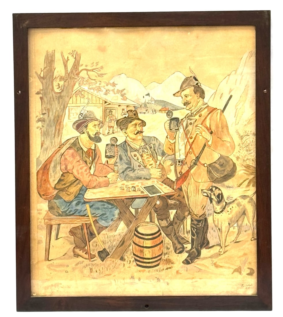 Original Watercolor Bavarian Men Drinking in Village (Kotsch 1919): Original Watercolor Bavarian Men Drinking in Village (Kotsch 1919).? Artist signed in lower right corner T. Kotsch 1919.? Painting appears to be in good condition under framing with great detail in ar