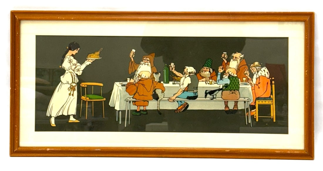 Illustration of Snow White and The Seven Dwarves: Illustration of Snow White and The Seven Dwarves.? In this illustration she is serving them dinner.? Lithograph from the Stapleton Collection.? In good condition and measures 31.25in x 15in framed.