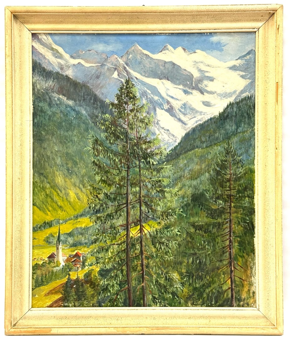 Swiss Alps Landscape Oil on Board Painting: Swiss Alps Landscape Oil on Board Painting.? This colorful painting is in good condition with minimal surface scratches due to age and display.? Framed measures 28in x 33in (No artist signature)