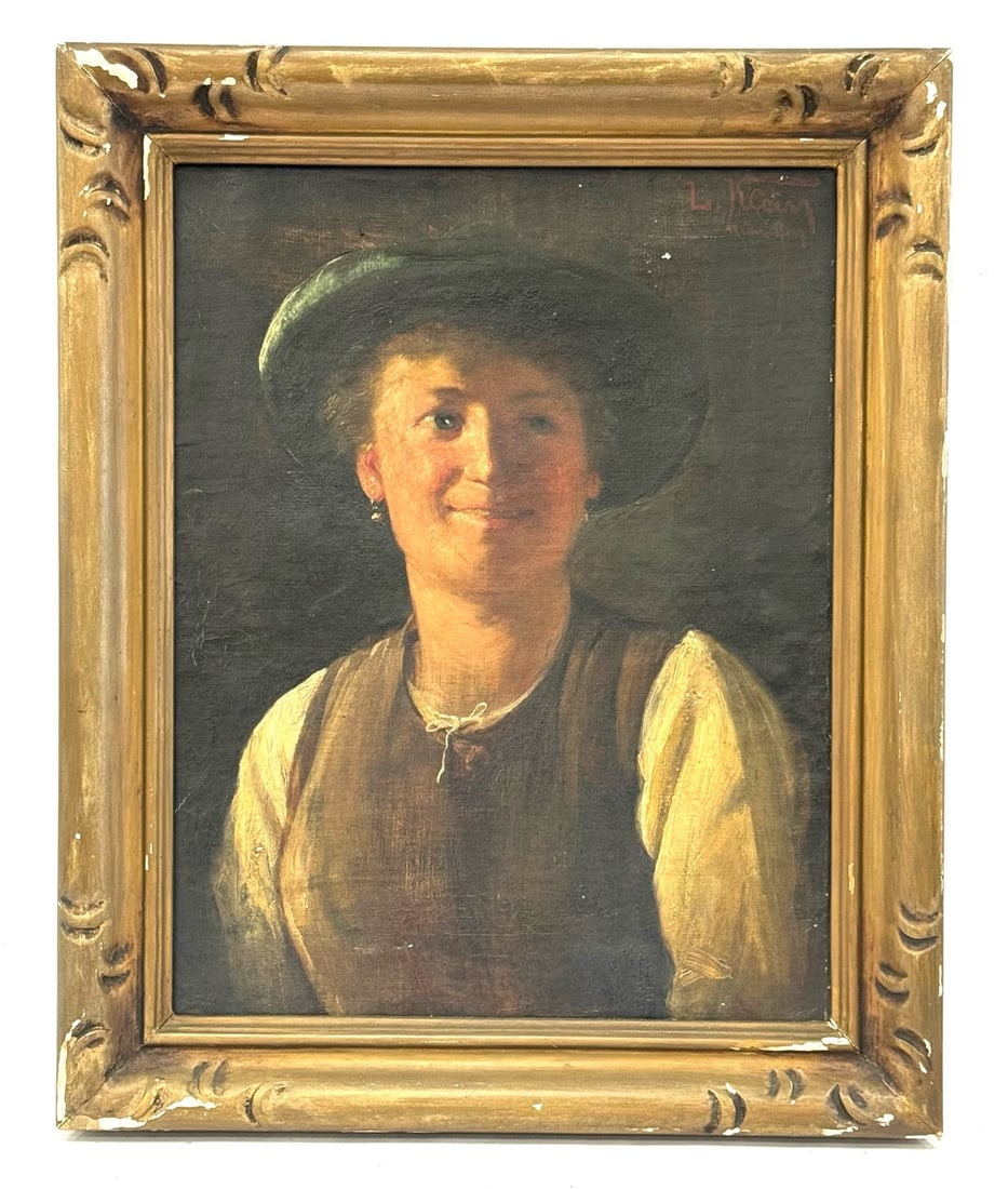 Antique Bavarian Woman Portrait Oil on Canvas: Antique Bavarian Woman Portrait Oil on Canvas.? Artist Signed in upper right corner.? Canvas painting has some minor scuffs and cracking but otherwise displays nicely.? Framed measures 14.25in x 17.25