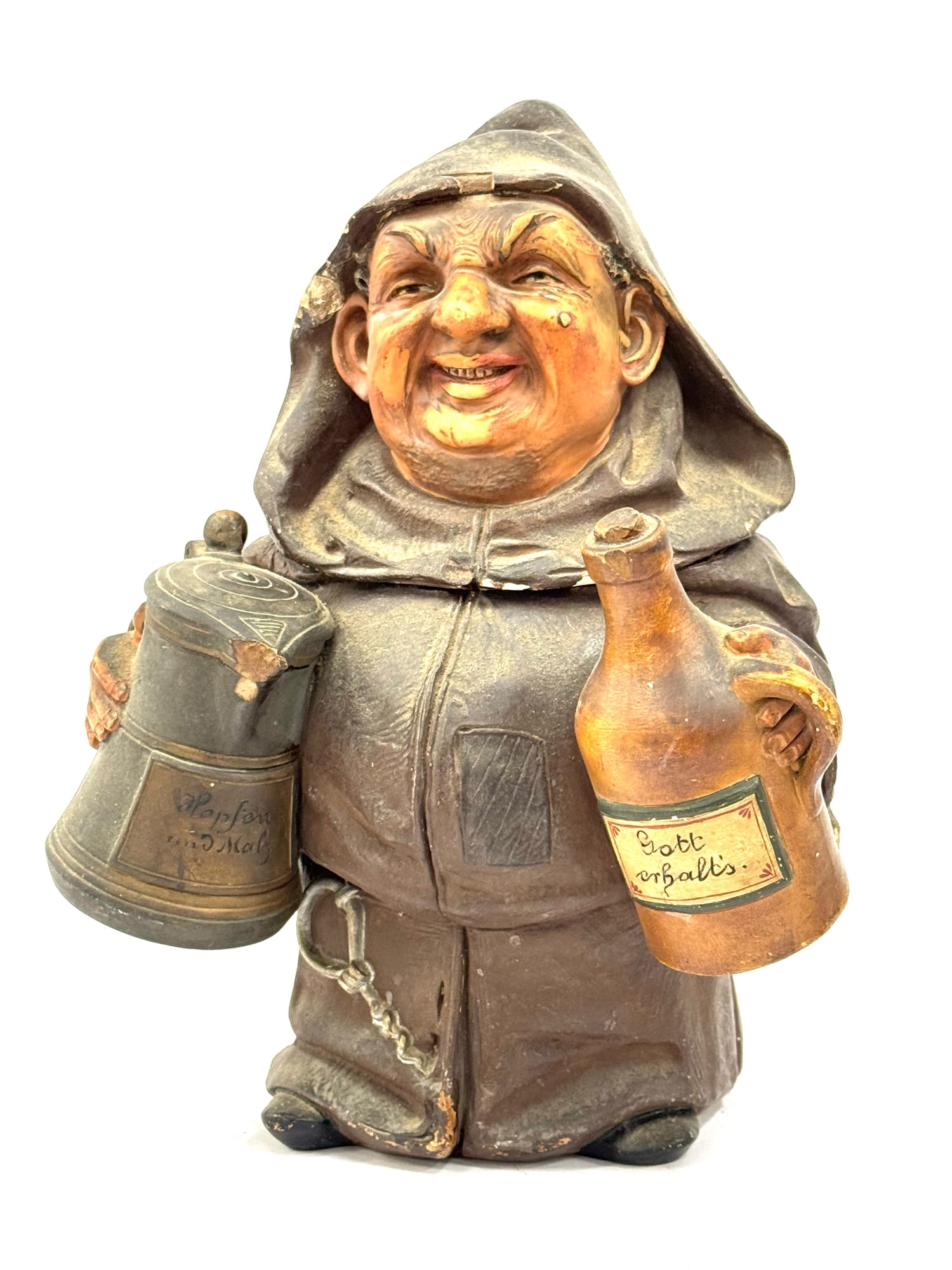 Antique Ceramic German Monk Cookie Jar: Antique Ceramic German Monk Cookie Jar Stamped JMM 3287, Measures 10.5in tall.? Does have some minor chipping and paint wear dur to age and display