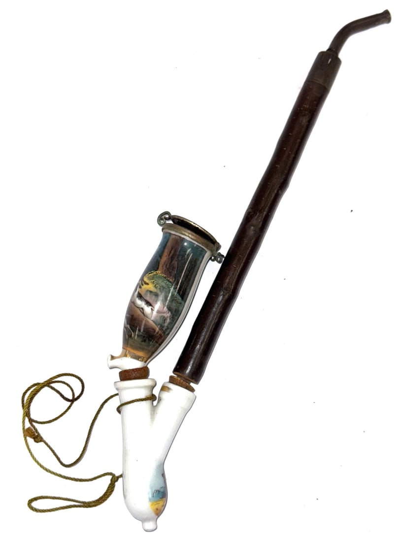 Tyrolean Ceramic Hunter's Pipe with Wind Cap: Tyrolean Ceramic Hunter's Pipe with Wind Cap. This Hunter's Pipe Has A Hand Painted Scene Fired Into The Bowl Of A Stag Being Chased By Two Dogs In The Woods The Bottom Bowl Shows A Stag In A Clearing