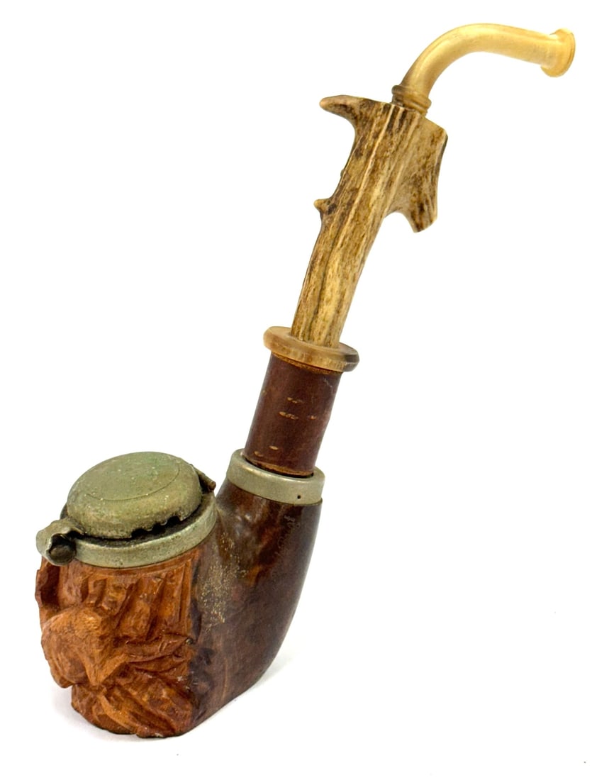 Red Point Old Briar Hand Carved Briar and Antler Pipe with Wind Cap: Red Point Old Briar Hand Carved Briar and Antler Pipe with Wind Cap. This Pipe Is In Good Condition. The Bowl Is Inscribed Red Point Old Briar. The Wind Cap Is Firmly Affixed Above The Carving Of A Le