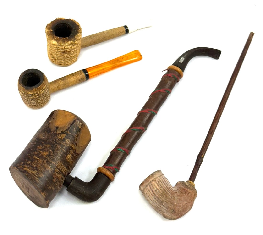 (4) Smoking Pipes Including ROPP Alpine Cherry, Clay Trading Pipe and Corn Cob Pipes: (4) Smoking Pipes Including ROPP Alpine Cherry, Clay Trading Pipe and Corn Cob Pipes. These Pipes Are All In Good, Used Condition. The Large ROPP Alpine Cherry Wood Pipe Has An Ornately Wrapped Wood S