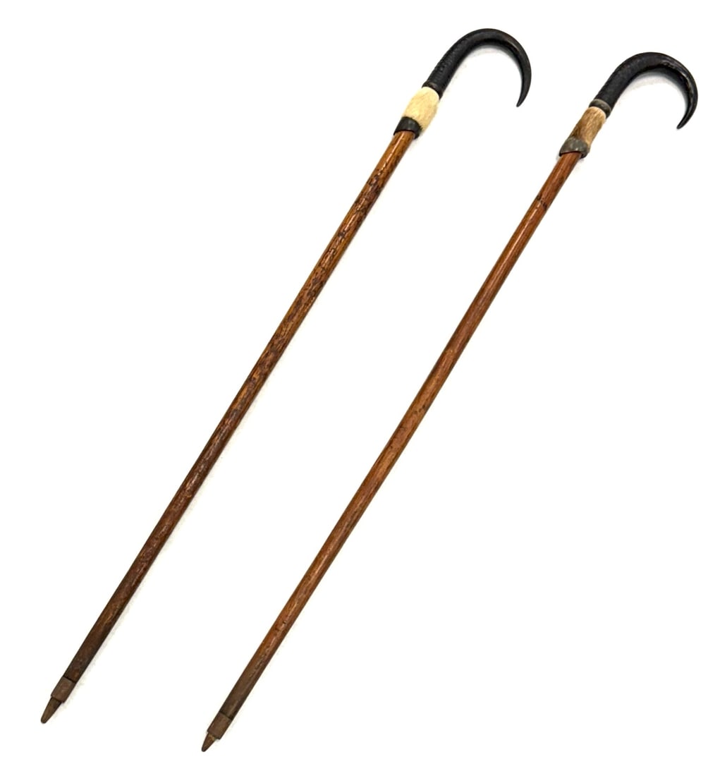 Interlaken Swiss Chamois Horn Wood Walking Canes: Interlaken Swiss Chamois Horn Wood Walking Canes.? The two Swiss Chamois Horn wood walking canes are in very nice used condition.? The wood shafts are both marked interlaken, shafts show wear marks fr