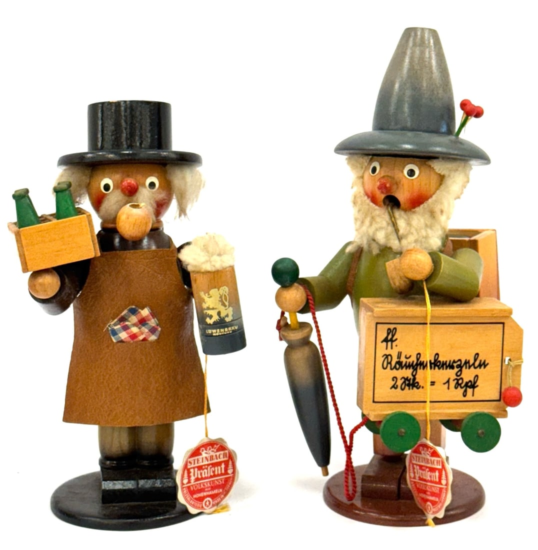 (2) Steinbach German Wooden Incense Smokers: (2) Steinbach German Wooden Incense Smokers, tallest measuring 10in.? One is a Music box and storage for Incense.