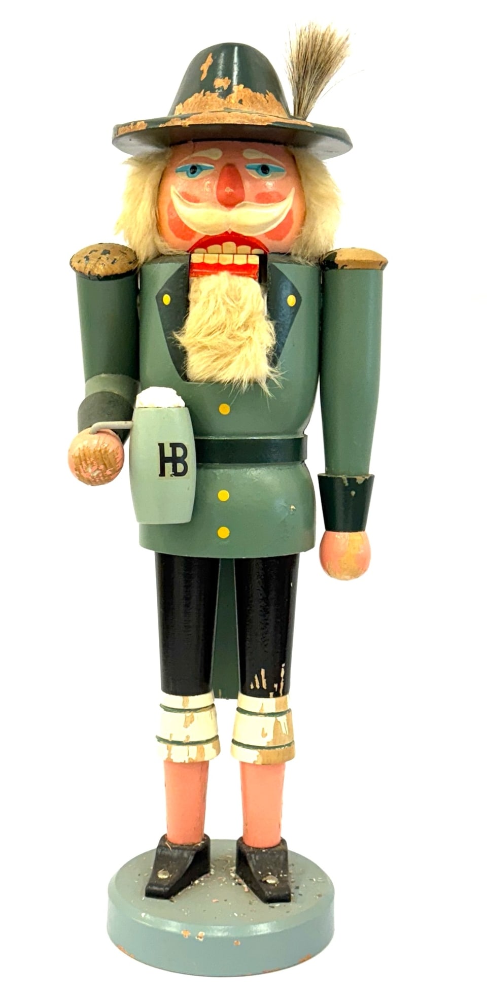 Vtg. HB Beer 21in Wooden Nutcracker: Vtg. HB Beer 21in Wooden Nutcracker. ?HB stands for Hofbr?uhaus, a German brewery that produces beer in the Munich tradition.? Nutcracker does have some paint wear and chipping due to age and display.