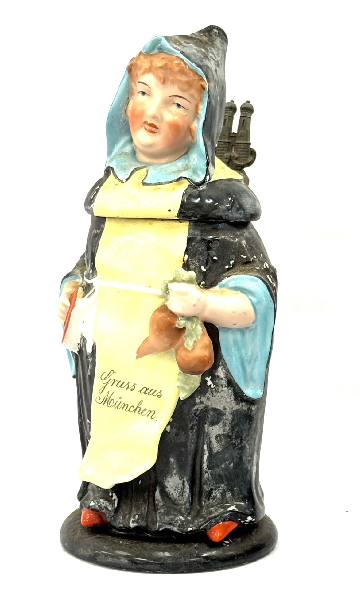 Antique German Porcelain Figural Stein with Pewter Handle: Antique German Porcelain Figural Stein with Pewter Handle.? Measuring 11in tall, has some paint wear due to age and display.