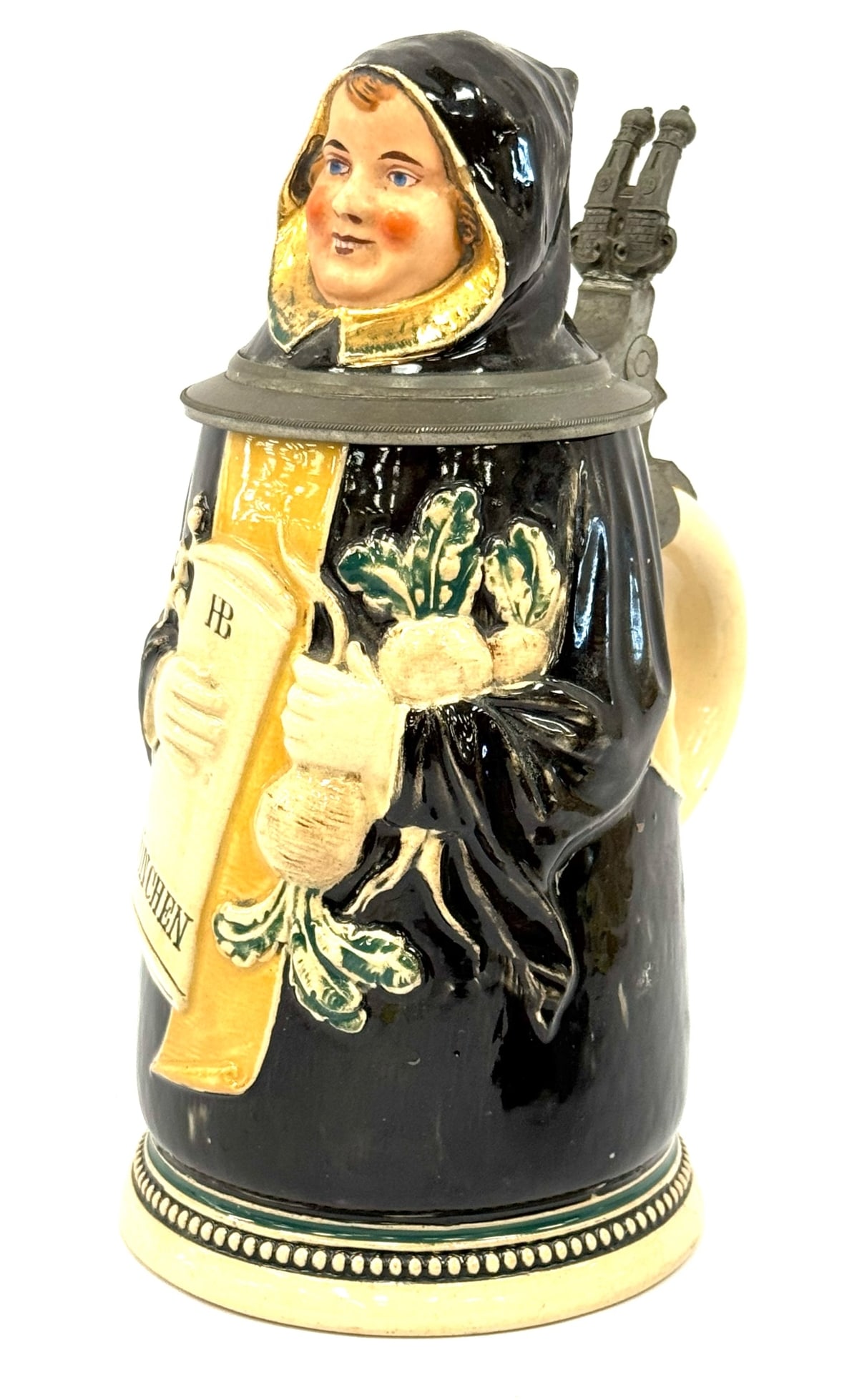 Antique J. Reinemann German Figural HB Munchen Stein: Antique J. Reinemann German Figural HB Munchen Stein with Pewter Handle.? Bottom stamped J. Reinemann Munchen Gesetzlich Geschutzt.? Measuring 9.5in tall.?