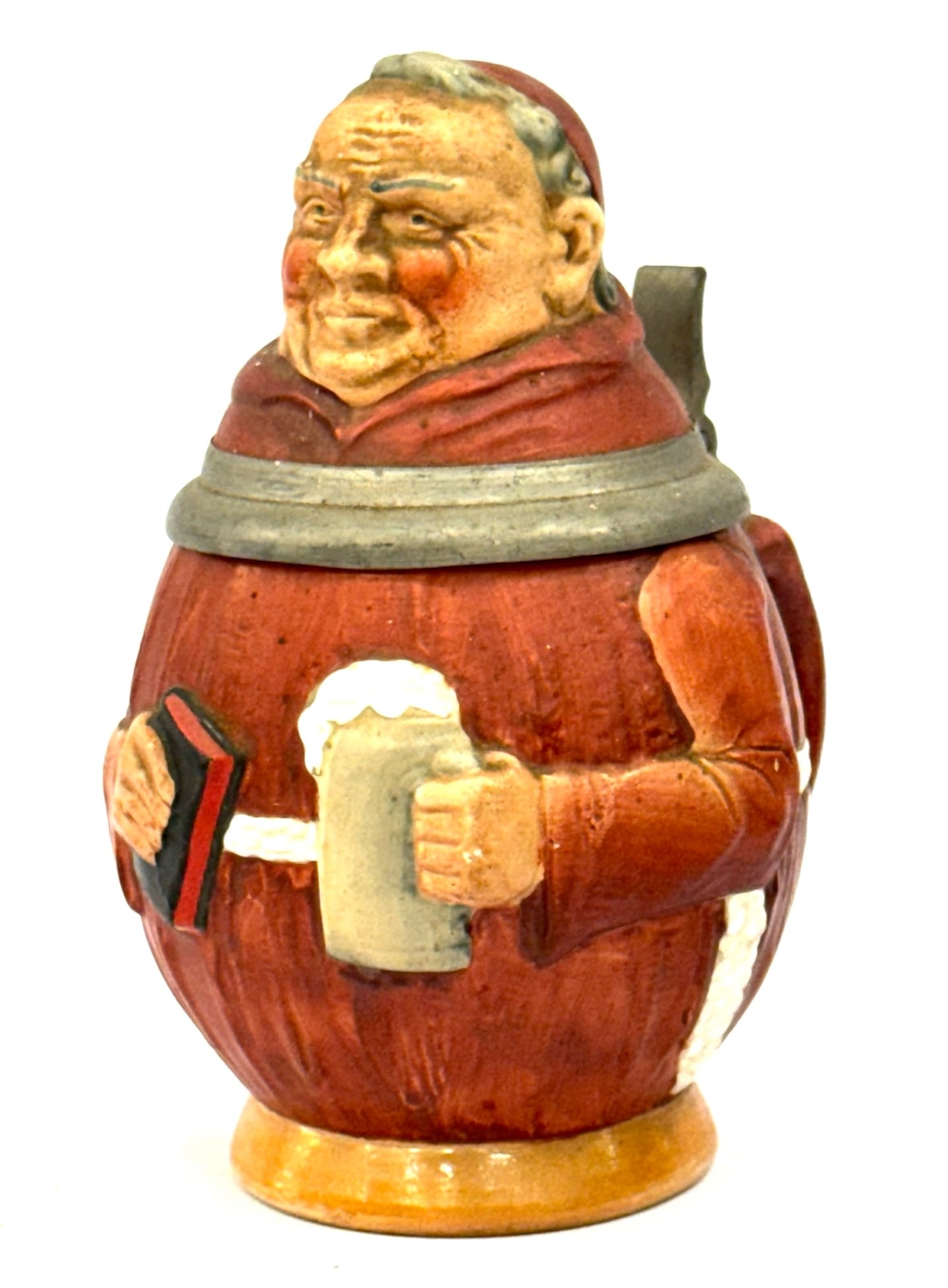 Reinhold Merkelbach German Monk Beer Stein: Reinhold Merkelbach German Monk Beer Stein #4107 made in Western Germany.? Measuring 7in tall with pewter handle.?