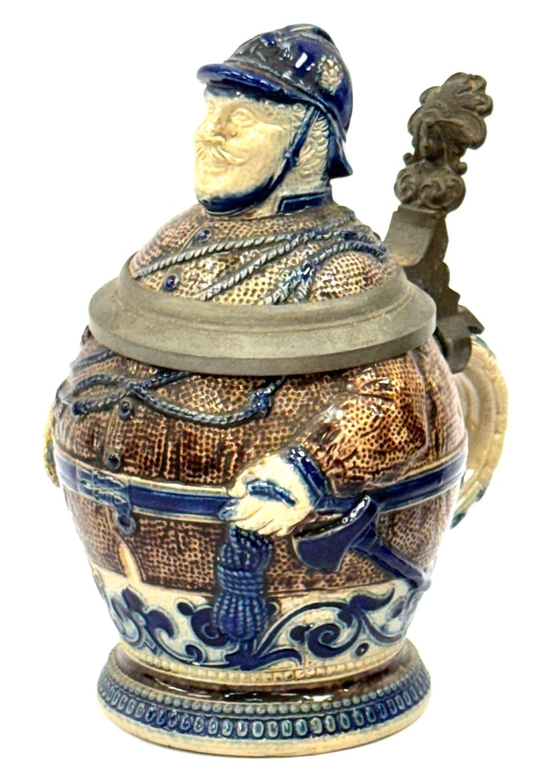 Antique German Fireman Salt Glaze Stoneware Stein: Antique German Fireman Salt Glaze Stoneware Stein.? Measuring 7in tall with pewter handle and lid rim.? No Markings on bottom and in good condition.?