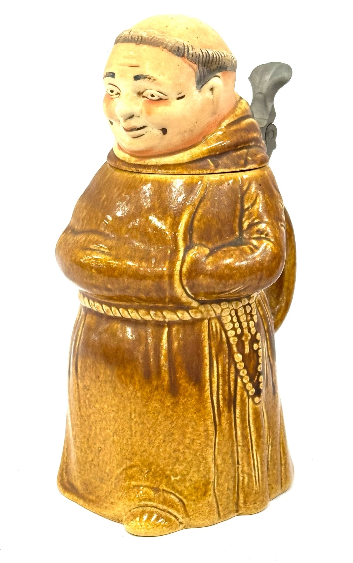 Original King German Monk Lidded Beer Stein: Original King German Monk Lidded Beer Stein measuring 8.25in tall with a detailed pewter lift handle.? Free of cracks and chips