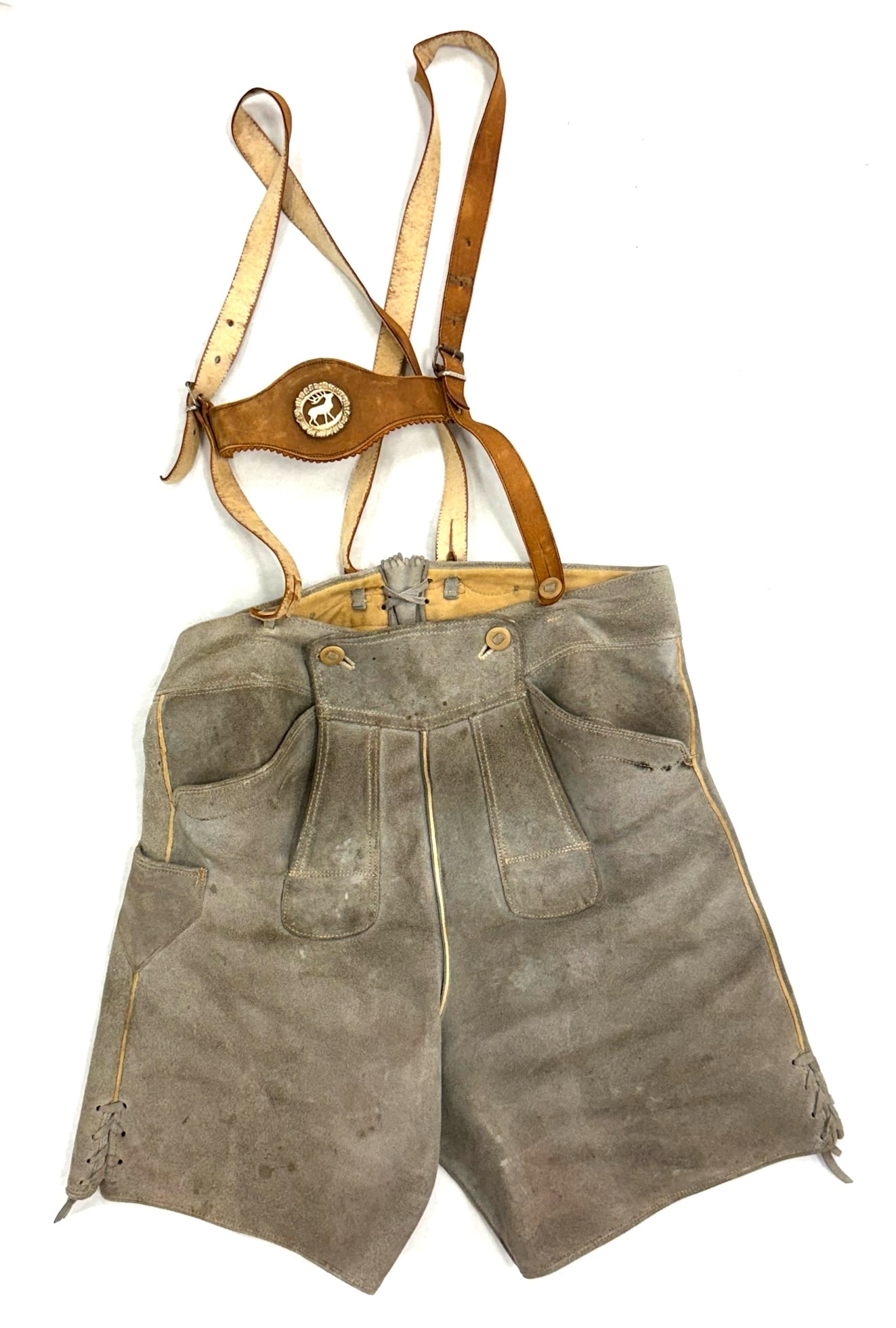 Vintage German Lederhosen Leather Suede Blue/ Grey: Vintage German Lederhosen Leather Suede Blue/ Grey Measures 12 Inches Wide And 12 Inches Inseam The Legs Are Folded Up One. The Front Has Two Front Pockets And One Side Pocket. The Back At The Waist I