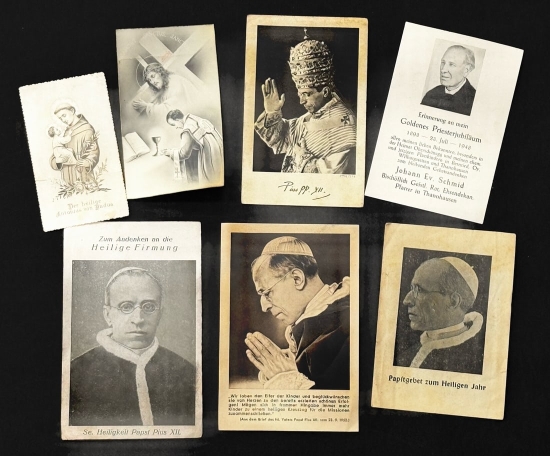(7) Antique German Prayer Cards and Death Card: (7) Antique German Prayer Cards and 1948 Death Card for Priest