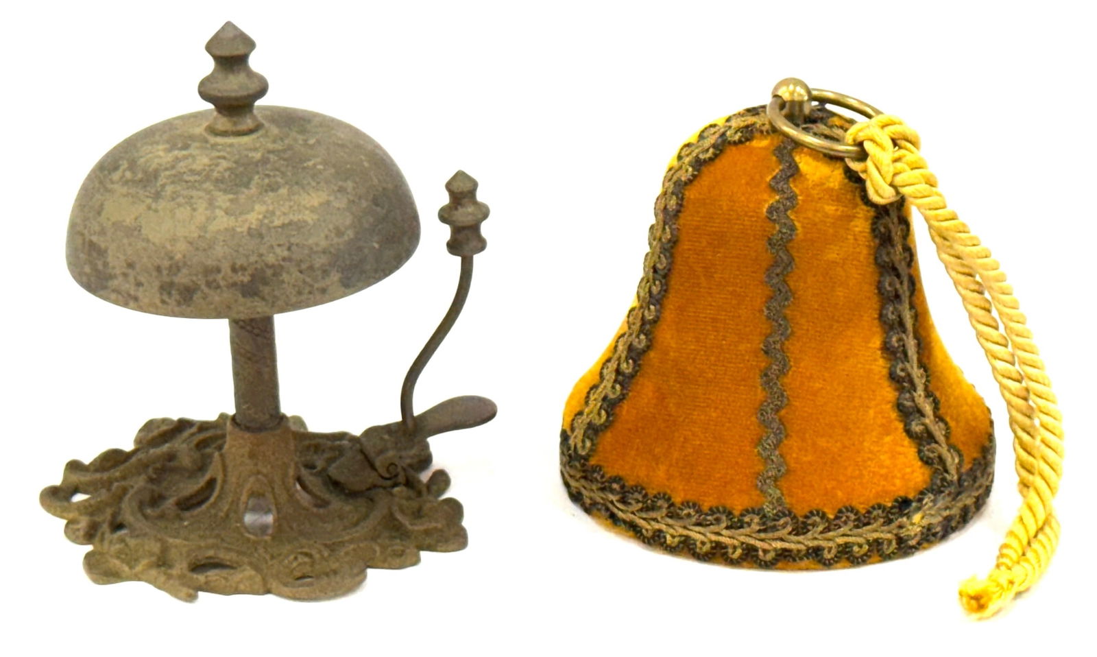Vintage Velvet Music Box And Brass Service Bell: Vintage Velvet Music Box And Brass Service Bell. This Lot Contains The?Vintage Velvet Music Box, The Sticker On The Bottom Of The Bell Stamps, Swiss Musical Movement. This Gold Velvet Bell Has Gold Ro