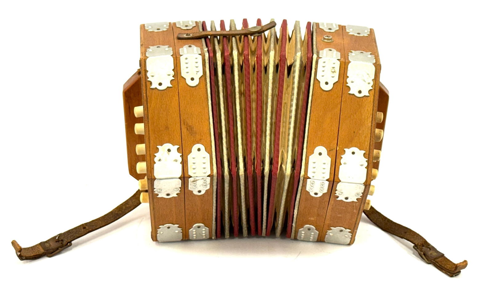 Vintage Concertina Accordion Squeezebox: Vintage Concertina Accordion Squeezebox, This Accordion Is In Working Condition, The Leather Handle Is Broken On Both Ends, There Are Two Depressed Buttons And Two Missing Buttons, Wondering If The Tw