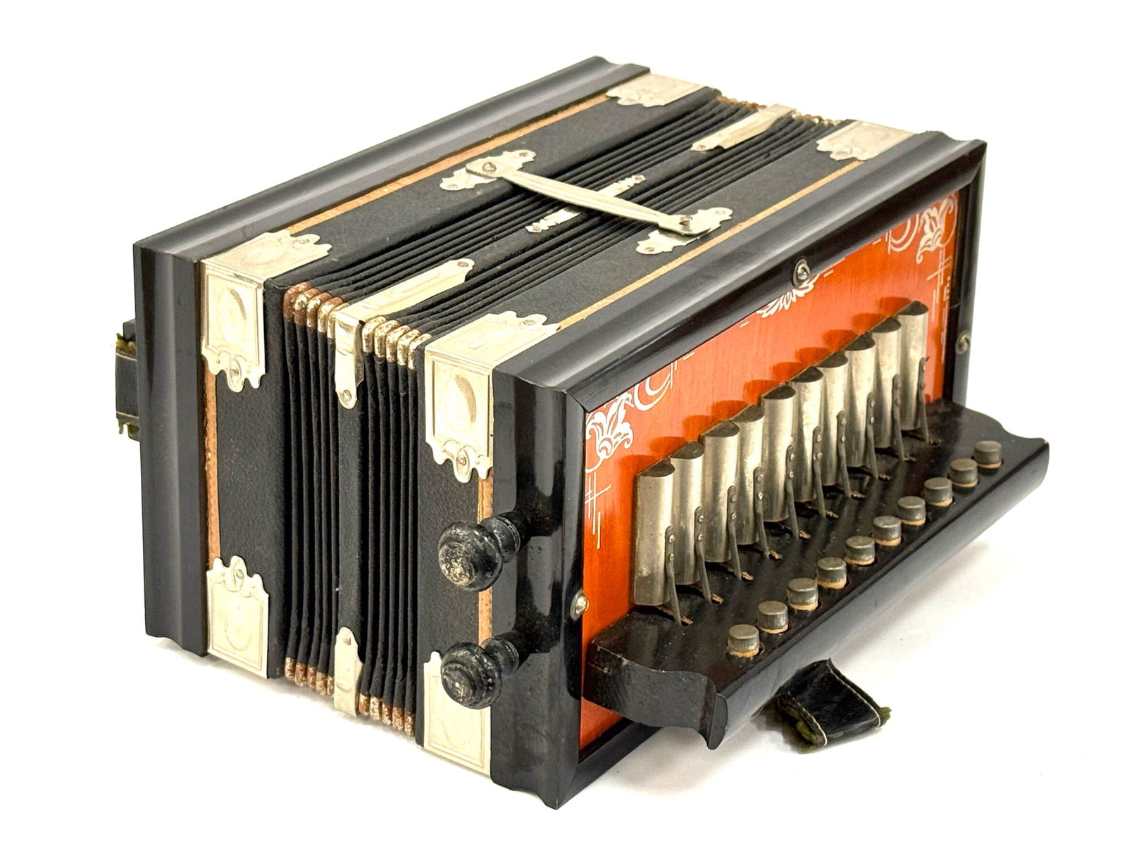 Vintage Button Accordion Pitzschler & CO Germany: Vintage Button Accordion Pitzschler & CO Germany This Accordion Is In Great Condition With Minimal Wear, It Is Painted Orange With German Detailing And Embossed Adornment, The Handles Are Black Leathe