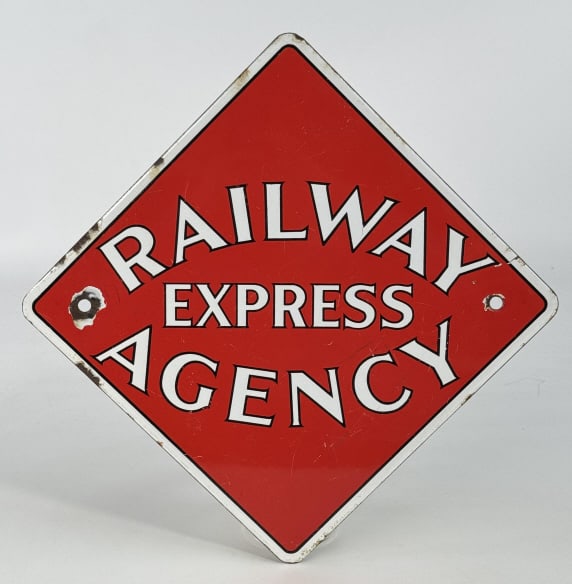 Vintage SSP Railway Express Agency Sign: Vintage single sided porcelain Railway Express advertising sign. Good condition with some porcelain loss, scratches, and wear from use and age. It measures approximately 16-1/2in tall by 16-1/2in acro