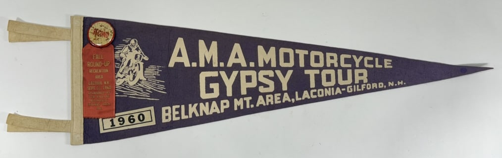1960 AMA Motorcycle Gypsy Tour Felt Pennant: Original 1960 AMA Motorcycle Gypsy Tour Laconia felt pennant with second place ribbon. Appears to be in good condition with discoloration and wear from display and age. It features a 1960 felt patch a