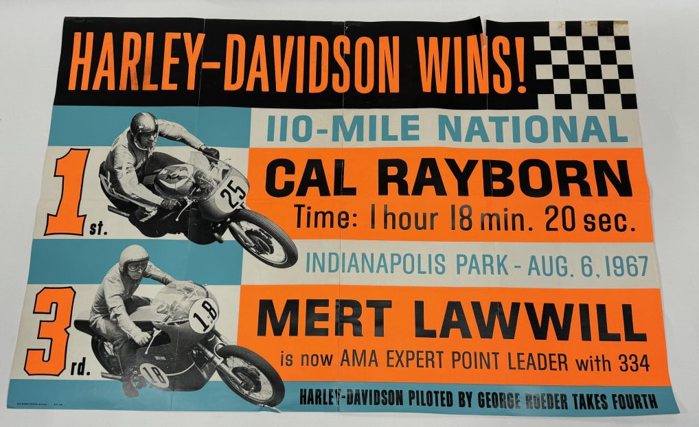 Orig. 1967 Harley-Davidson Dealer Race Poster: Original 1967 Harley-Davidson motorycle Dealer promotional race poster. Appears to be in good condiotion with discoloration, edge / seam tears, and other wear from age. Displays well with vibrant colo