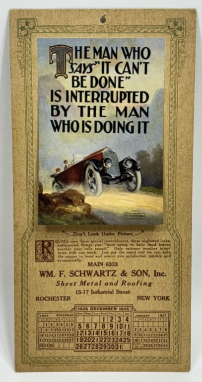 1927 Schwartz & Son Adv Calendar w/ Auto Graphics: Original 1936-1927 WM F Schwartz & Son promotional advertising calendar with automobile graphics. Appears to be in nice condition with some discoloration and wear from age. It measures approximately 1