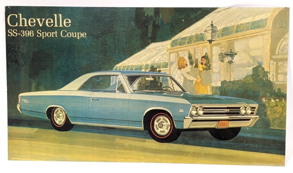 1967 Chevelle SS-396 Sport Coupe Cardstock Sign: Original 1967 Chevrolet Chevelle SS-396 Sport Coupe cardstock advertising sign. The condition is nice with only light age and use wear including small nail holes in each corner, displays great. Measur