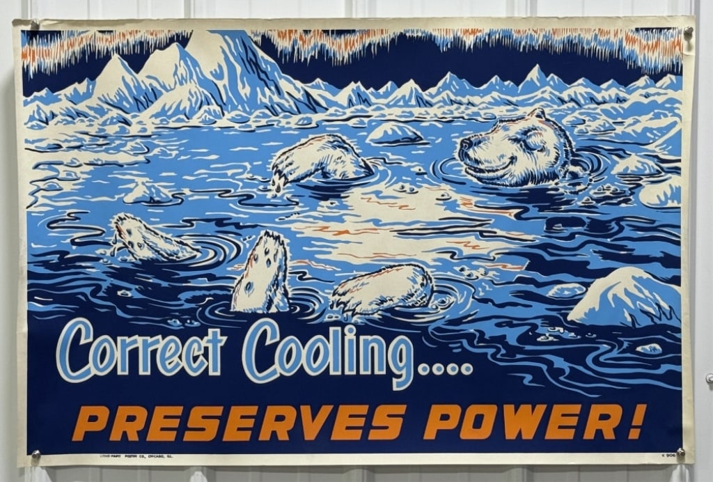 1950s Automotive Service Shop Polar Bear Poster: Original 1940s-1950s automotive service shop promotional advertising Polar Bear " Correct Cooling" poster. Appears to be in overall good condition with some discoloration edge/ corner damage,and other