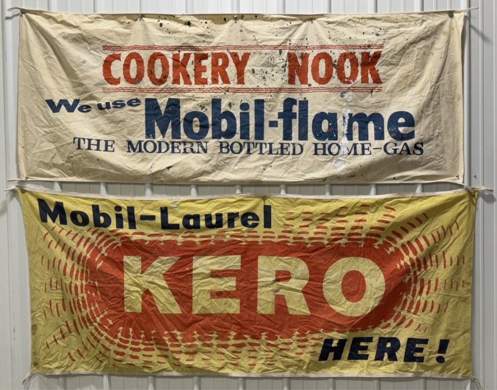 2) Vintage Mobil Gas Cloth Advertising Banners (1 of 5)