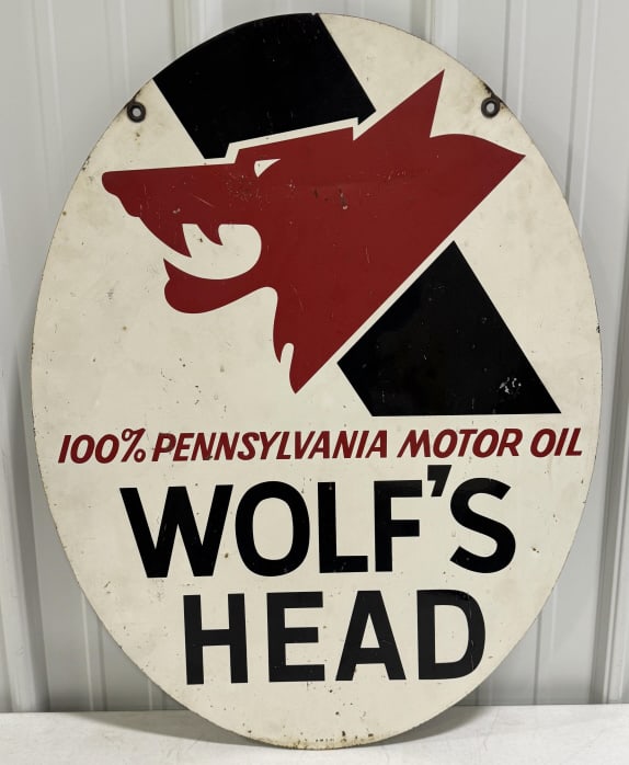 Wolf's Head Vertical Motor Oil Sign W/wood Frame