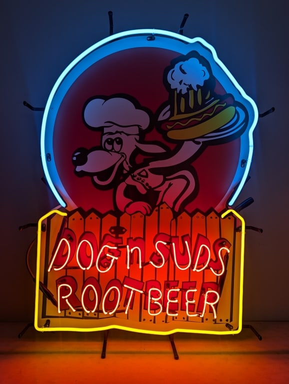 Custom Dog n Suds Three-Color Neon Sign: Custom Dogs n Suds Root Beer Three-Color Neon Sign. The sign is in new condition and displays great. Overall measures approximately 36" tall x 26" across.