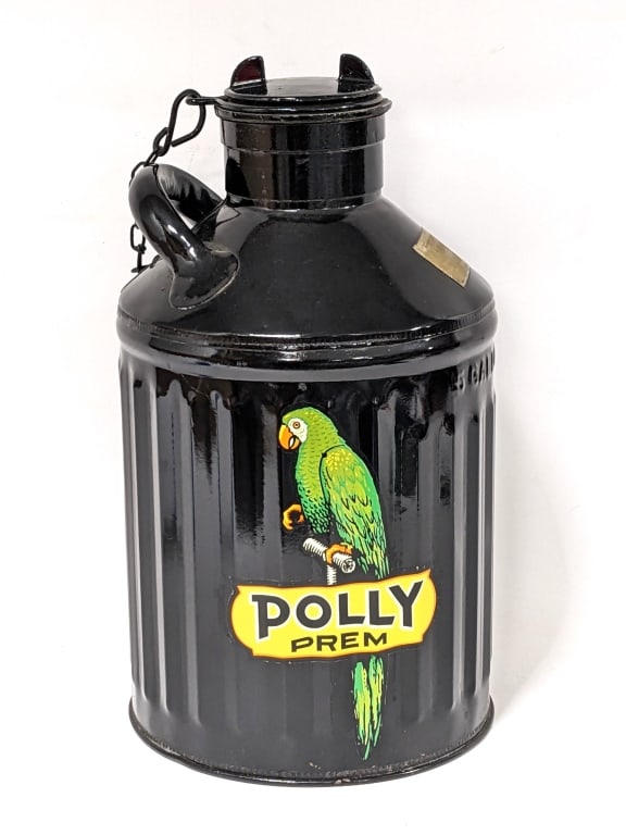 Custom Vintage Polly Prem 5 Gallon Ellisco Can: Custom Vintage Restored Ellisco Polly Prem 5 Gallon Service Station Oil/Gas Can with lid. The can is in very nice restored condition with a couple paint chips. Measures approximately 19" tall with a 1