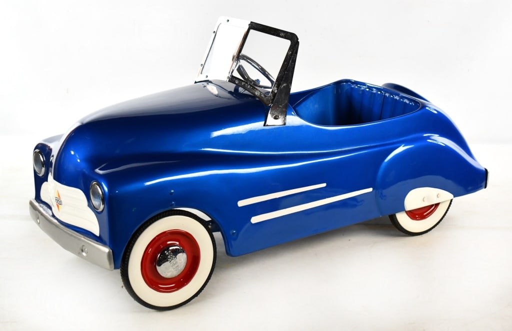 Restored German Ferbedo Pedal Car: Very nice restored German Ferbedo pedal car. The car has electric headlights, white wall tires, and chrome features. Overall a nice restoration with some oxidation to the chrome and a rub where the wi