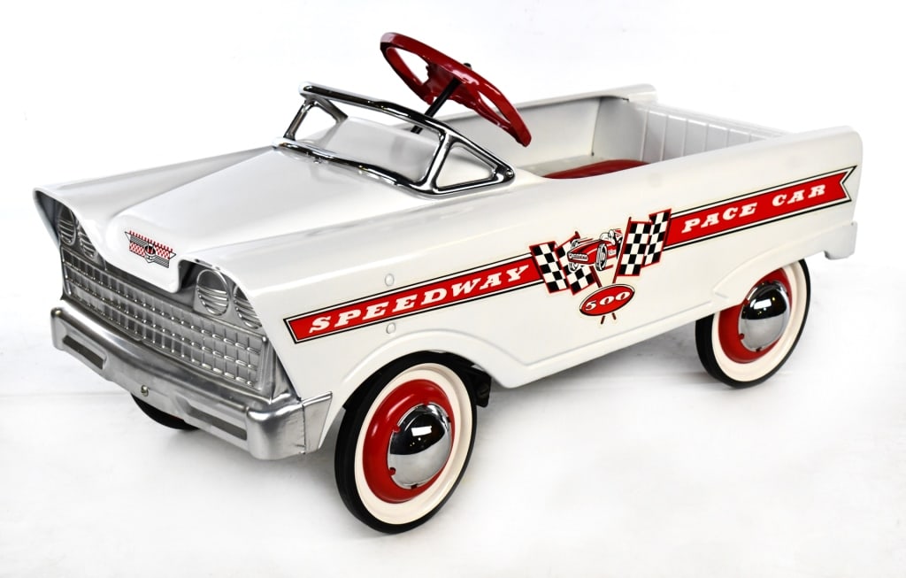 Restored Murray Speedway 500 Pace Car Pedal Car: Restored Murray Speedway 500 pace car pedal car. The car has some small chips around the edges and light wear from display. Overall a nice restoration. Measures approximately 35" long.