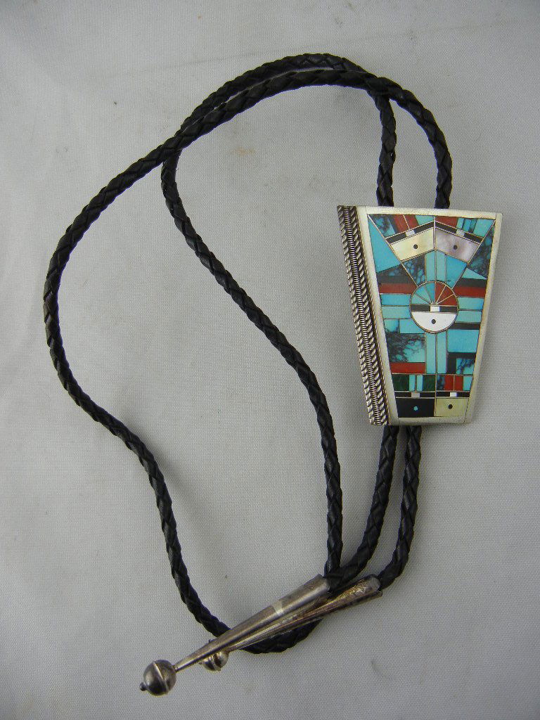 Sterling Silver Inlaid Bolo Tie, Signed GMC: Sterling Silver Inlaid Bolo Tie, Signed GMC