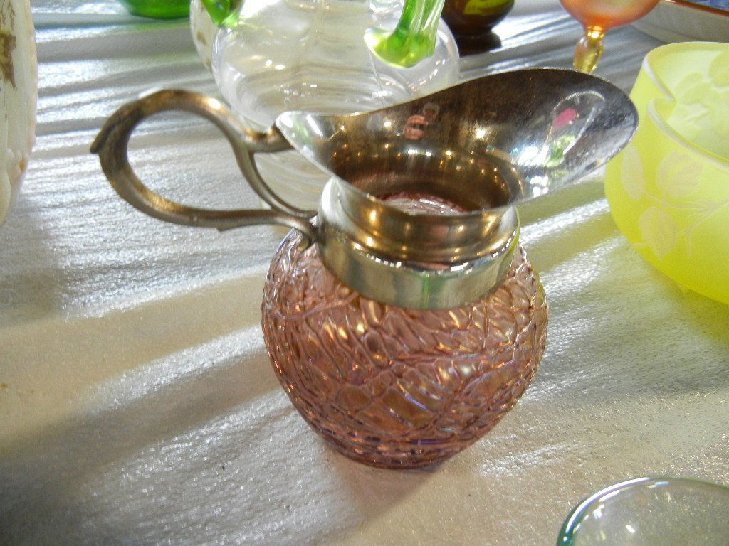 Loetz 4 Inch Pitcher with Creta Chine Decoration: Loetz 4 Inch Pitcher with Creta Chine Decoration in Purple with Silver Top