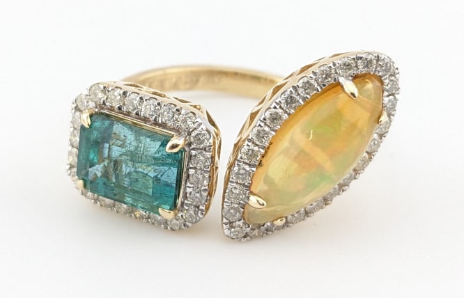 14K Gold 3.59ctw Opal, Emerald, and Diamond Ring (1 of 8)