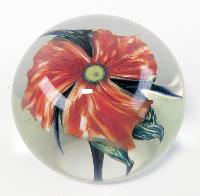 1986 Charles Lotton Floral Art Glass Paperweight: Very nice signed 1986 Charles Lotton Art Glass Floral Paperweight. The paperweight is in nice condition and is signed on the base, has some wear on the bottom from display. Measures approximately 2-3/