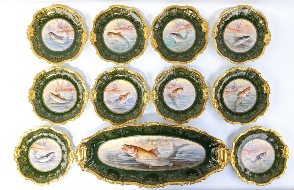 Antique B&H Limoges Hand-Painted Fish Platter Set (1 of 20)