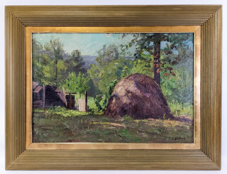 T.C. Steele "The Hay Stack" Oil On Canvas: Beautiful oil on canvas painting by listed Indiana artist Theodore Clement Steele (1847 - 1926). The painting features a Brown County landscape with a hay stack. Signed in the lower right and is in a