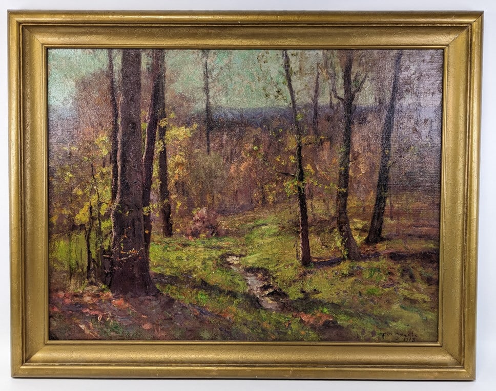 T.C. Steele "Woodland Stream" Oil On Canvas: Beautiful oil on canvas painting by listed Indiana artist Theodore Clement Steele (1847 - 1926). The painting features a Brown County Woodland Stream. Signed in the lower left and is in a gold gilt fr