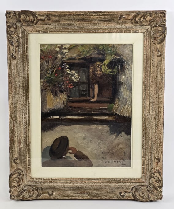 James Elder Christie The Wee Window Oil On Canvas: Beautiful oil on canvas painting by listed United Kingdom artist James Elder Christie (1847 - 1914). The painting is titled "The Wee Window" and features a girl sneeking out a window. Signed in the lo