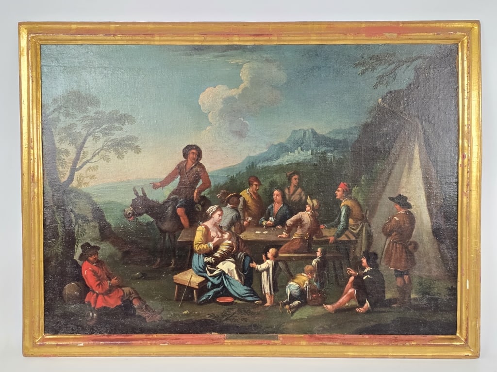 After Annibale Carracci Oil On Canvas Painting: Early oil on canvas painting after listed Italian artist Annibale Carracci (1560-1609). The painting features a family of Italian settlers playing cards at a campsite. Very nice quality with great det