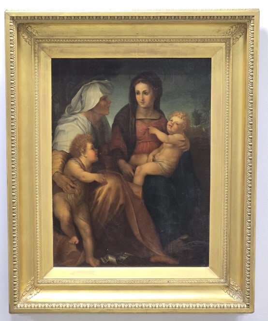 After Andrea Sarto Madonna With Child Oil Painting: Antique oil painting on canvas after listed French / Italian artist Andrea Del Sarto. The painting features Madonna With Child and comes in a heavy gilt frame. Sight measures approx. 21-1/2" across x 