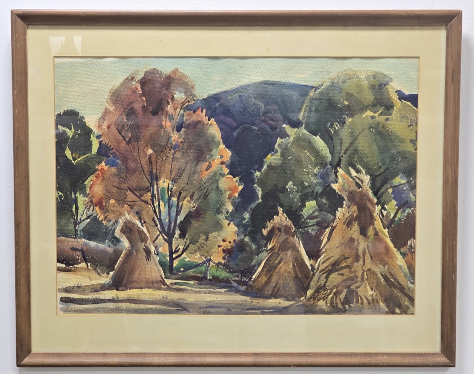 William Lester Stevenson Landscape Watercolor: Watercolor on paper painting by listed New England artist William Lester Stevenson (1888 - 1969). The painting features an Autumn landscape and is signed in the lower right, framed under glass. Sight