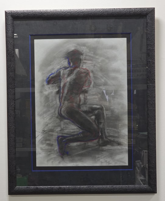Pamela Pilkonis Nude Male Sketch Drawing On Paper: Framed drawing on paper by New York & Indiana artist Pamela Pilkonis. The painting features a nude male sketch and was drawn in France in 1992. Signed in the lower right. Sight measures approx 17-1/2"