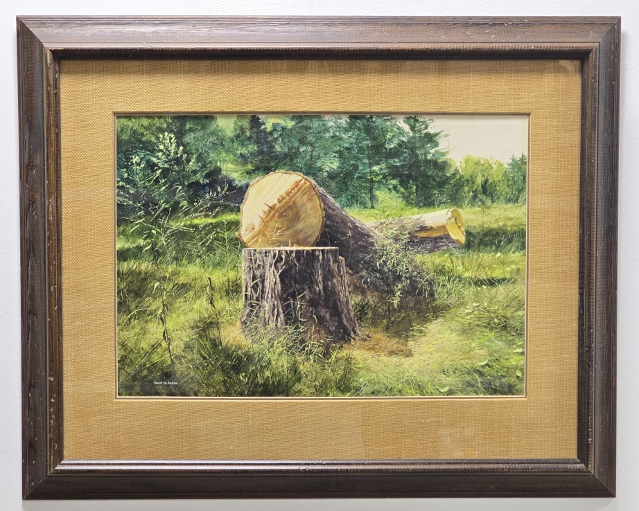 Robert W. Addison Cut Down Tree Watercolor: Watercolor on paper painting by listed Idaho / Illinois artist Robert W. Addison (1924-1988). The painting features a cut down tree in a forest landscape. Signed in the lower left. Sight measures appr