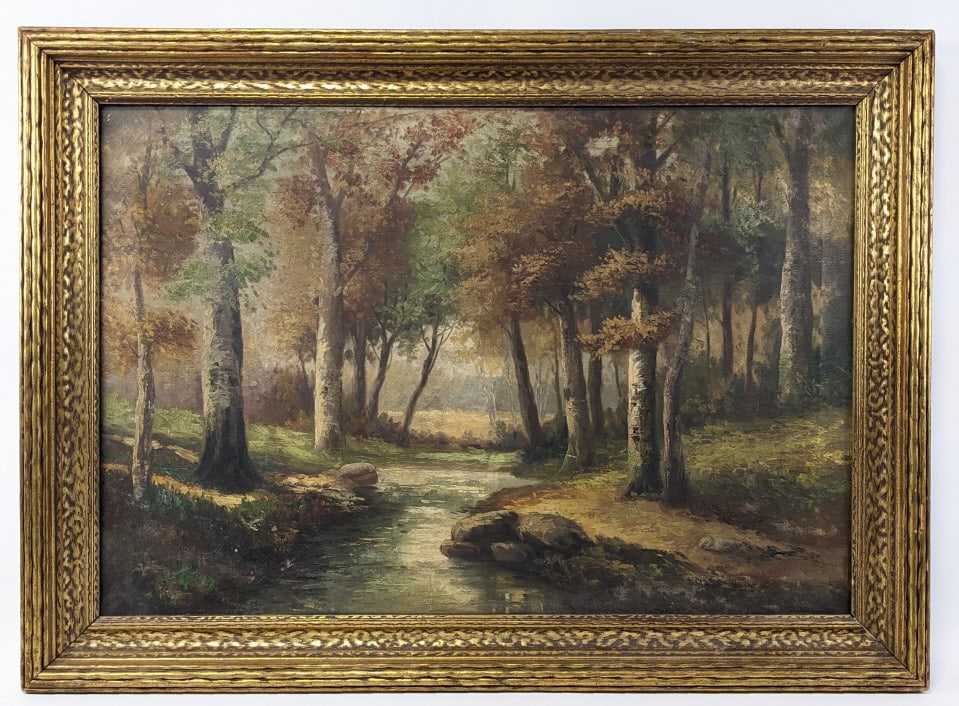 J. Hansen "Woodland" Oil On Canvas Painting: Oil on canvas painting by artist J. Hansen. The painting features a Fall landscape and is titled "Woodland. Signed in the lower right. Good condition and needs a cleaning. Sight measures approximately